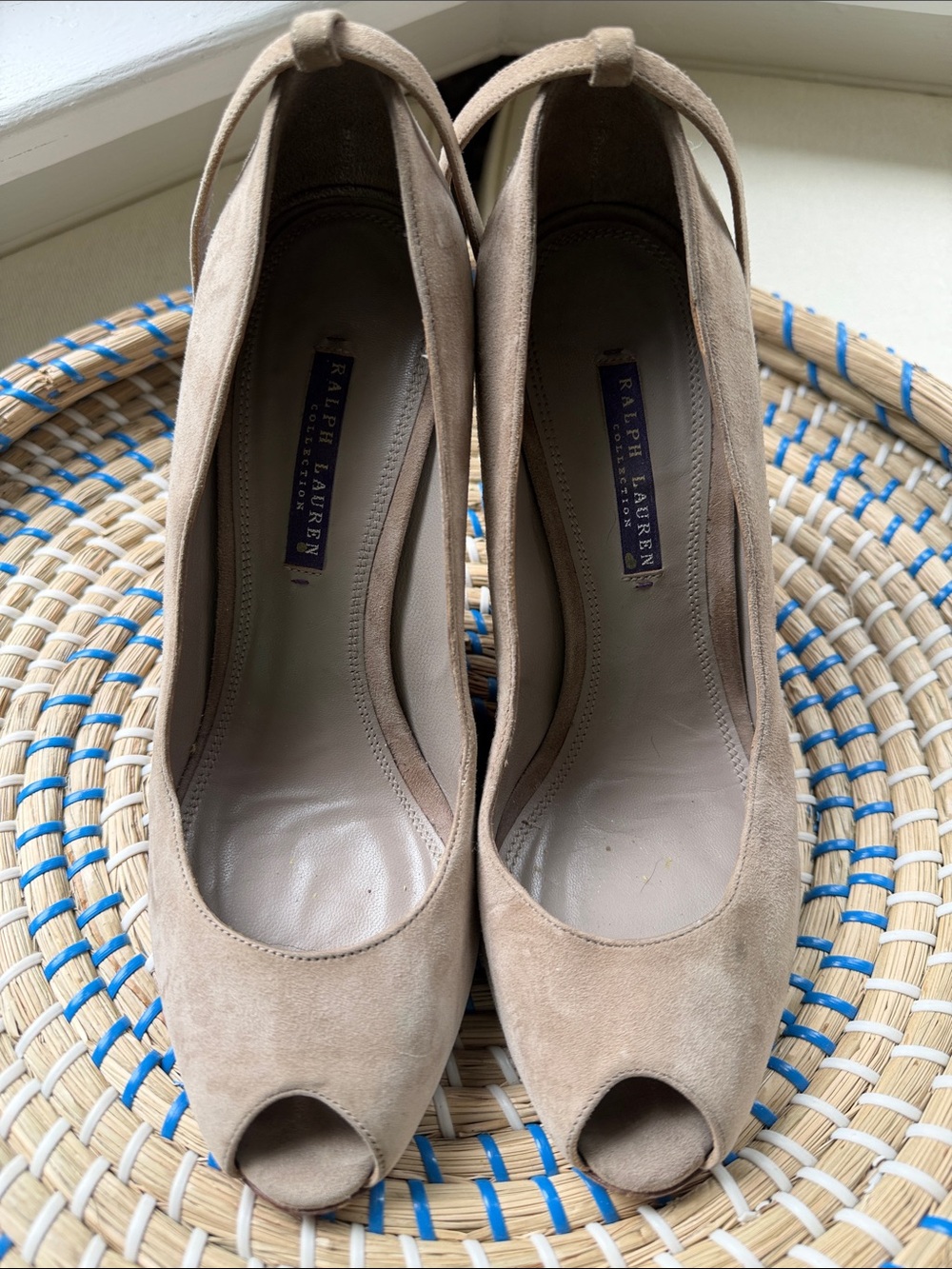 Ralph Lauren Taupe Suede Peep-Toe Pumps with ankle strap sz 10